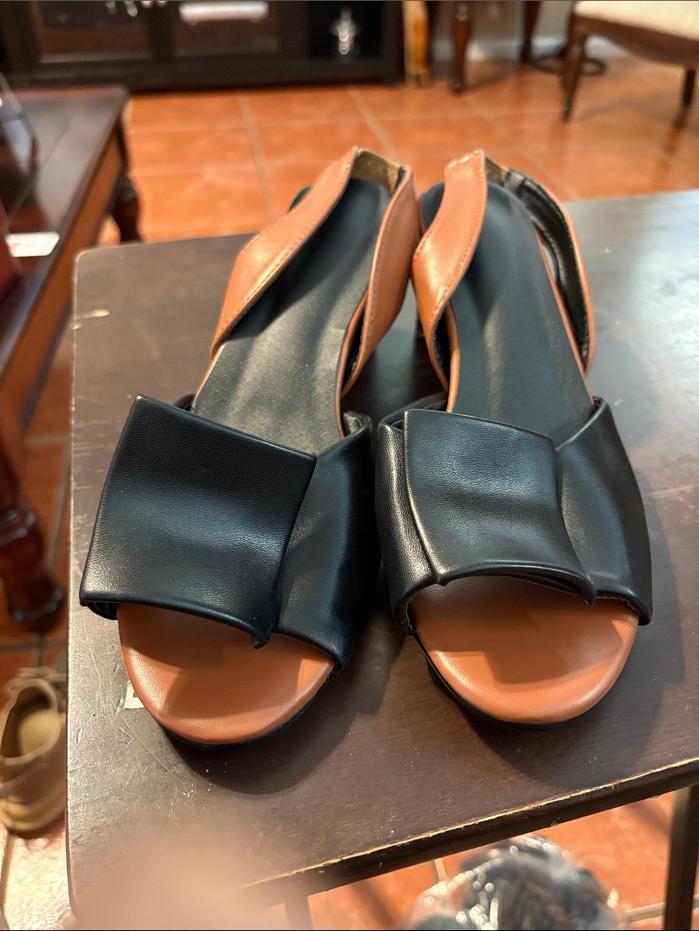 Women's Two-Tone Black and Brown Open-Toe Slingback Sandals